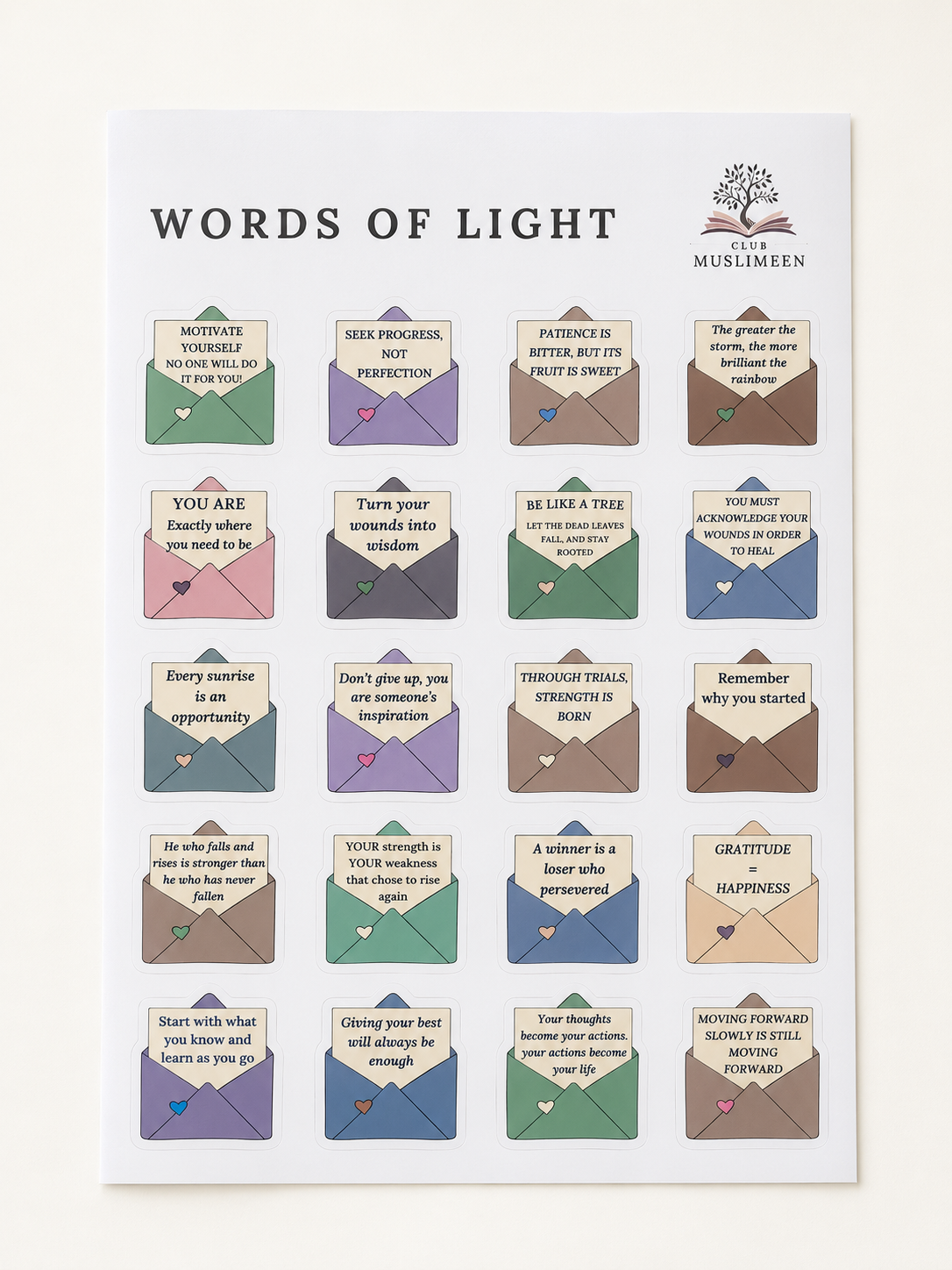 Paroles de Lumière – Ensemble de 20 autocollants inspirants en forme d’enveloppe