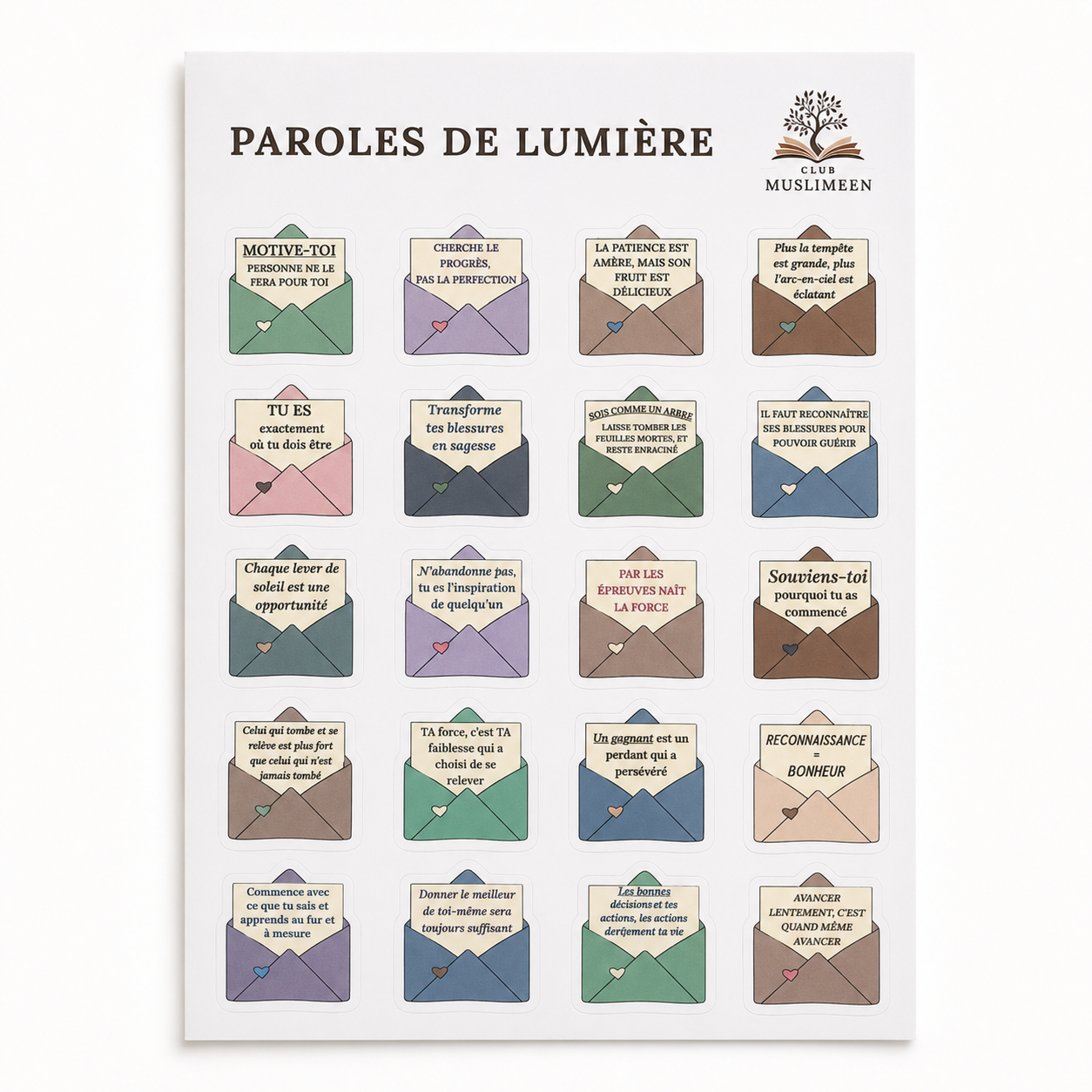 Paroles de Lumière – Ensemble de 20 autocollants inspirants en forme d’enveloppe
